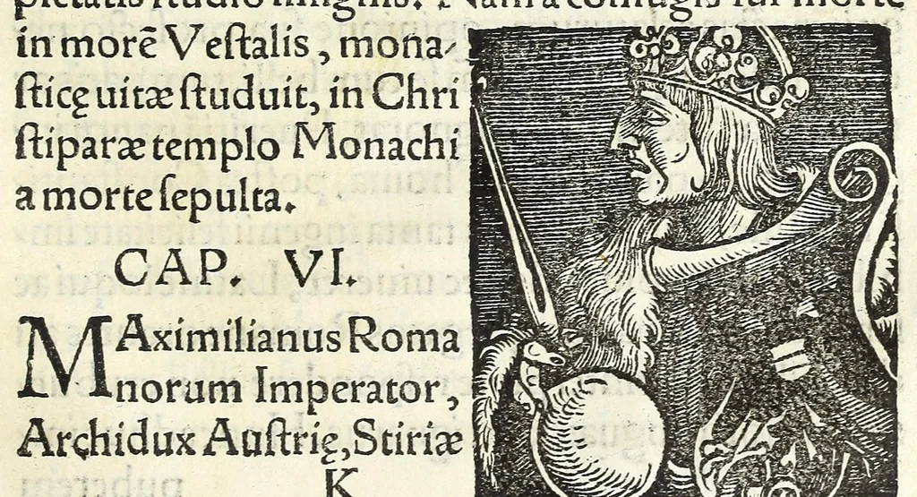 An illustration from Epitome regii ac vetvstissimi ortus sacrae caesarae ac Catholic̜e maiestatis, serenissimi quoq[ue] principis & domini, Dn. Ferdinandi, Vngariae ac Bohemiae regis, omniumq[ue] archiducum Austriae, ac Habsburgensium comitum, 1530, leaf 75