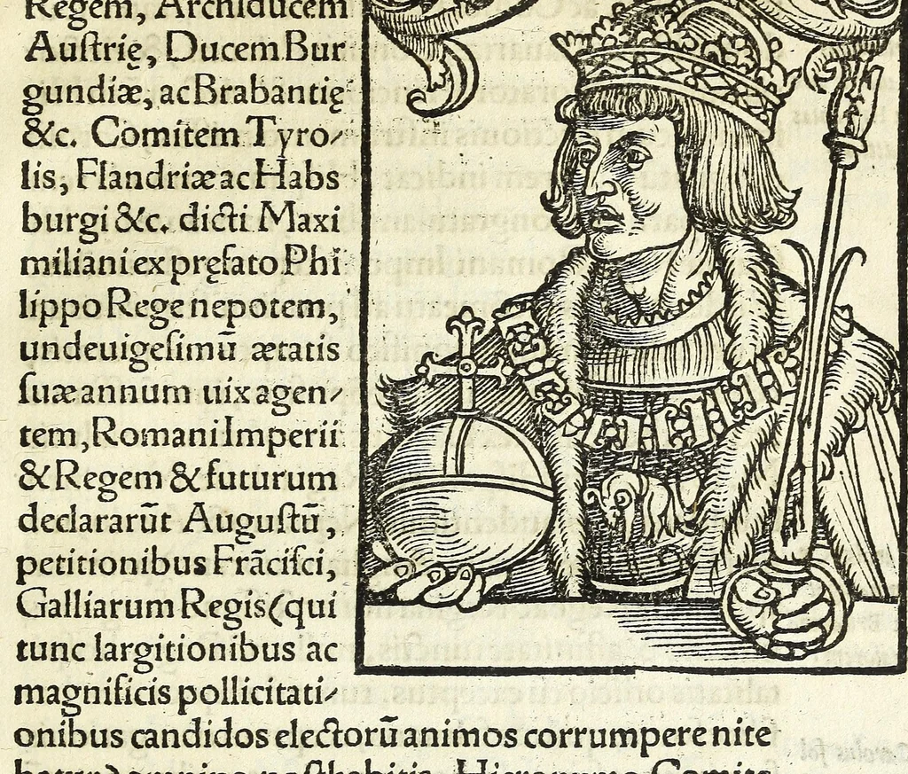 An illustration from Epitome regii ac vetvstissimi ortus sacrae caesarae ac Catholic̜e maiestatis, serenissimi quoq[ue] principis & domini, Dn. Ferdinandi, Vngariae ac Bohemiae regis, omniumq[ue] archiducum Austriae, ac Habsburgensium comitum, 1530, leaf 95