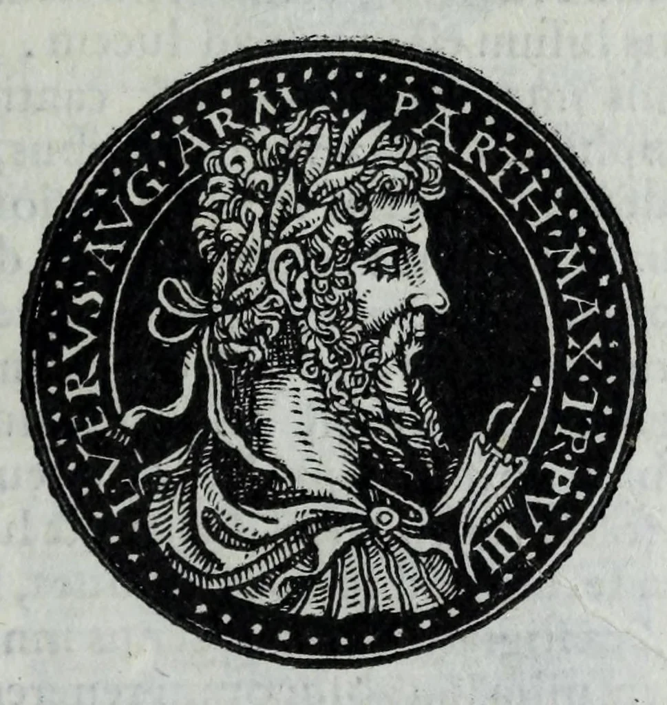 An illustration from Epitome thesavri antiqvitatvm, hoc est, Impp. Rom. orientalivm et occidentalivm iconum : ex antiquis numismatibus quam fidelissime deliniatarum, ex Musaeo Iacobi de Strada mantuani antiquarij, 1557, leaf 159