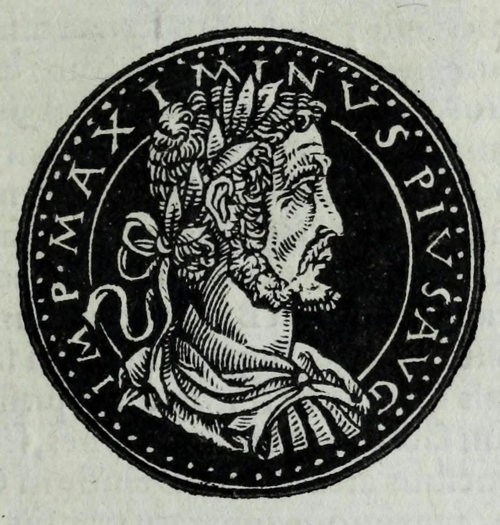 An illustration from Epitome thesavri antiqvitatvm, hoc est, Impp. Rom. orientalivm et occidentalivm iconum : ex antiquis numismatibus quam fidelissime deliniatarum, ex Musaeo Iacobi de Strada mantuani antiquarij, 1557, leaf 191