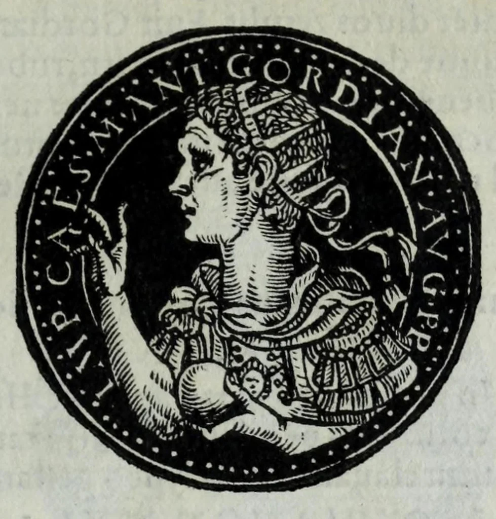 An illustration from Epitome thesavri antiqvitatvm, hoc est, Impp. Rom. orientalivm et occidentalivm iconum : ex antiquis numismatibus quam fidelissime deliniatarum, ex Musaeo Iacobi de Strada mantuani antiquarij, 1557, leaf 195
