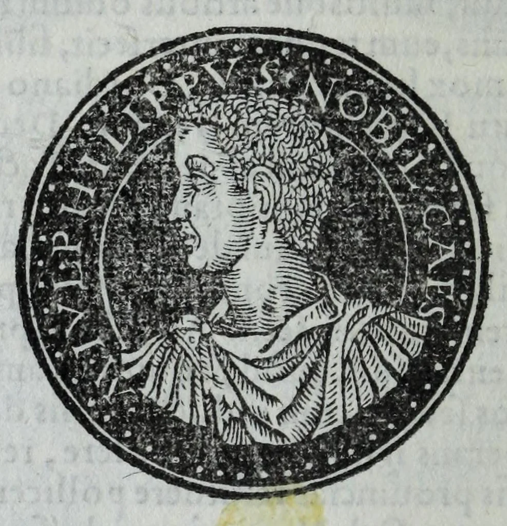 An illustration from Epitome thesavri antiqvitatvm, hoc est, Impp. Rom. orientalivm et occidentalivm iconum : ex antiquis numismatibus quam fidelissime deliniatarum, ex Musaeo Iacobi de Strada mantuani antiquarij, 1557, leaf 204