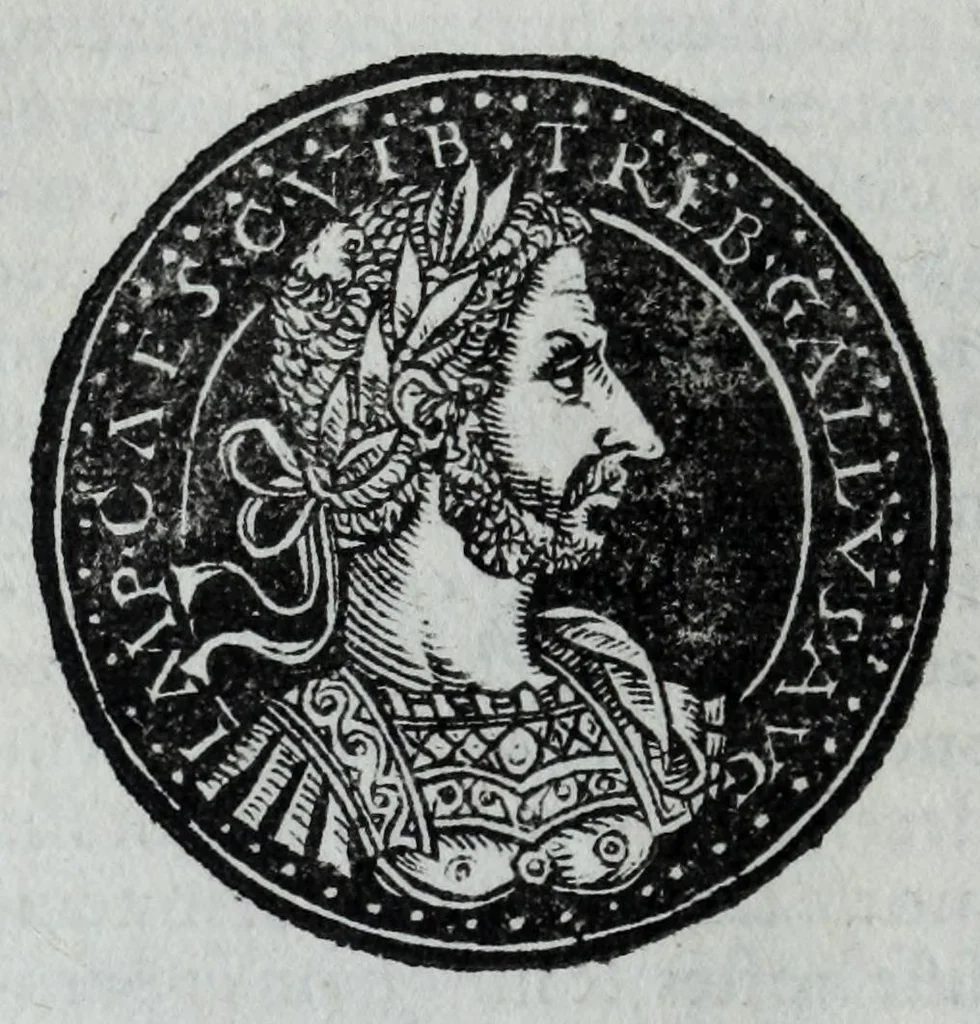 An illustration from Epitome thesavri antiqvitatvm, hoc est, Impp. Rom. orientalivm et occidentalivm iconum : ex antiquis numismatibus quam fidelissime deliniatarum, ex Musaeo Iacobi de Strada mantuani antiquarij, 1557, leaf 208