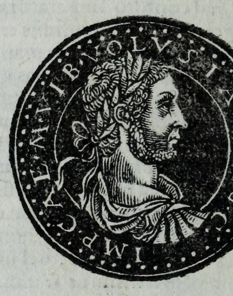 An illustration from Epitome thesavri antiqvitatvm, hoc est, Impp. Rom. orientalivm et occidentalivm iconum : ex antiquis numismatibus quam fidelissime deliniatarum, ex Musaeo Iacobi de Strada mantuani antiquarij, 1557, leaf 208