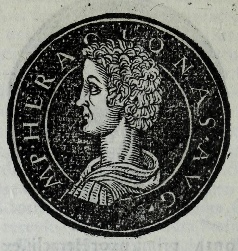 An illustration from Epitome thesavri antiqvitatvm, hoc est, Impp. Rom. orientalivm et occidentalivm iconum : ex antiquis numismatibus quam fidelissime deliniatarum, ex Musaeo Iacobi de Strada mantuani antiquarij, 1557, leaf 308