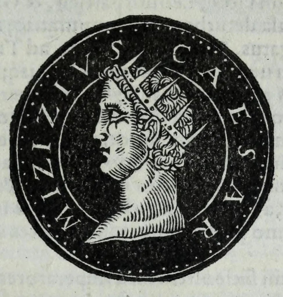 An illustration from Epitome thesavri antiqvitatvm, hoc est, Impp. Rom. orientalivm et occidentalivm iconum : ex antiquis numismatibus quam fidelissime deliniatarum, ex Musaeo Iacobi de Strada mantuani antiquarij, 1557, leaf 311