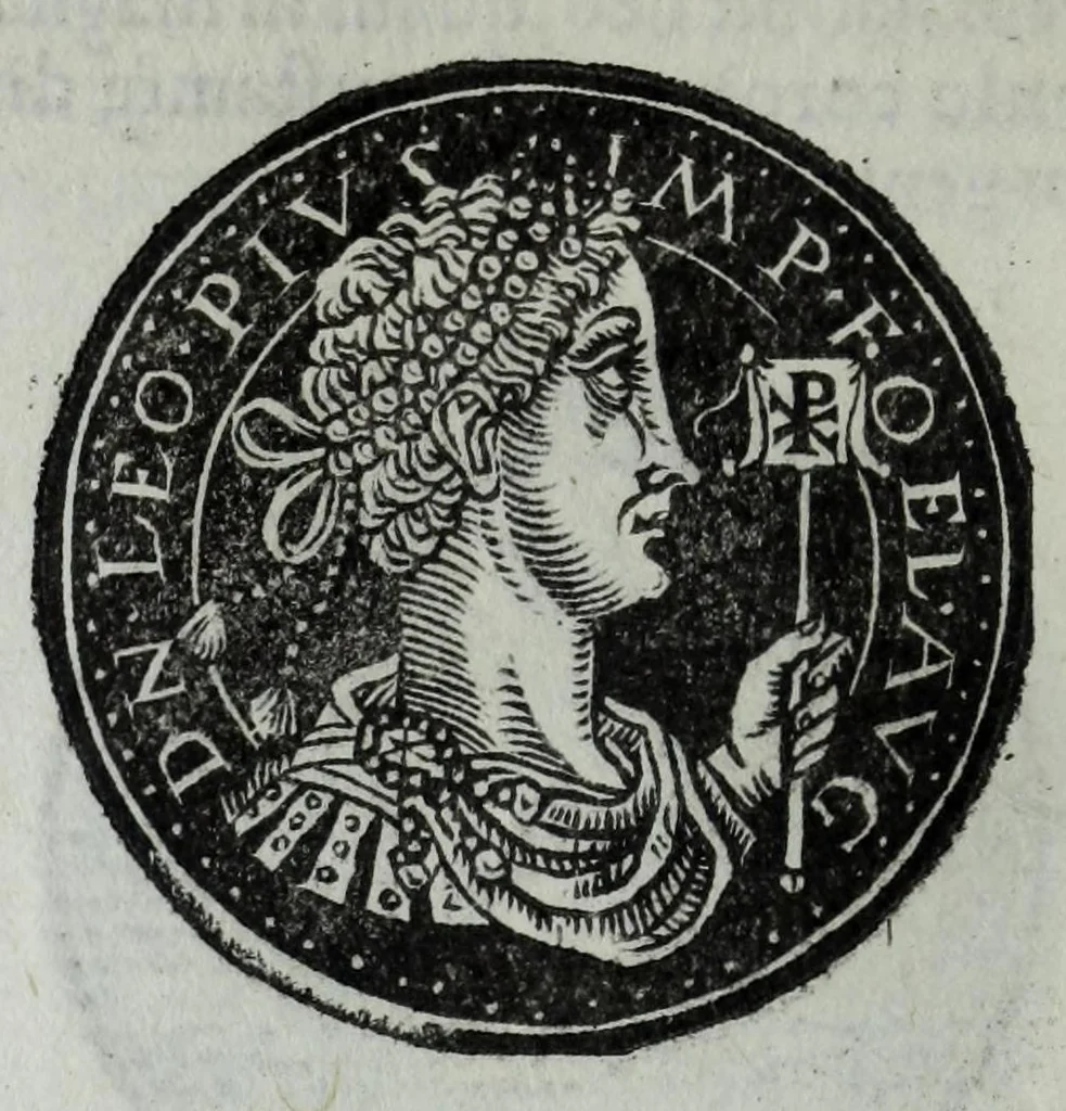 An illustration from Epitome thesavri antiqvitatvm, hoc est, Impp. Rom. orientalivm et occidentalivm iconum : ex antiquis numismatibus quam fidelissime deliniatarum, ex Musaeo Iacobi de Strada mantuani antiquarij, 1557, leaf 318