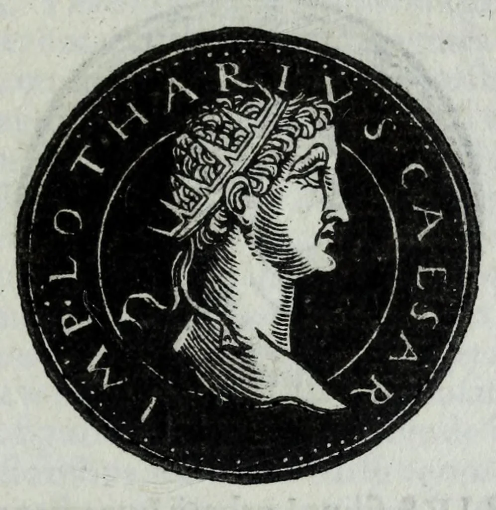 An illustration from Epitome thesavri antiqvitatvm, hoc est, Impp. Rom. orientalivm et occidentalivm iconum : ex antiquis numismatibus quam fidelissime deliniatarum, ex Musaeo Iacobi de Strada mantuani antiquarij, 1557, leaf 327