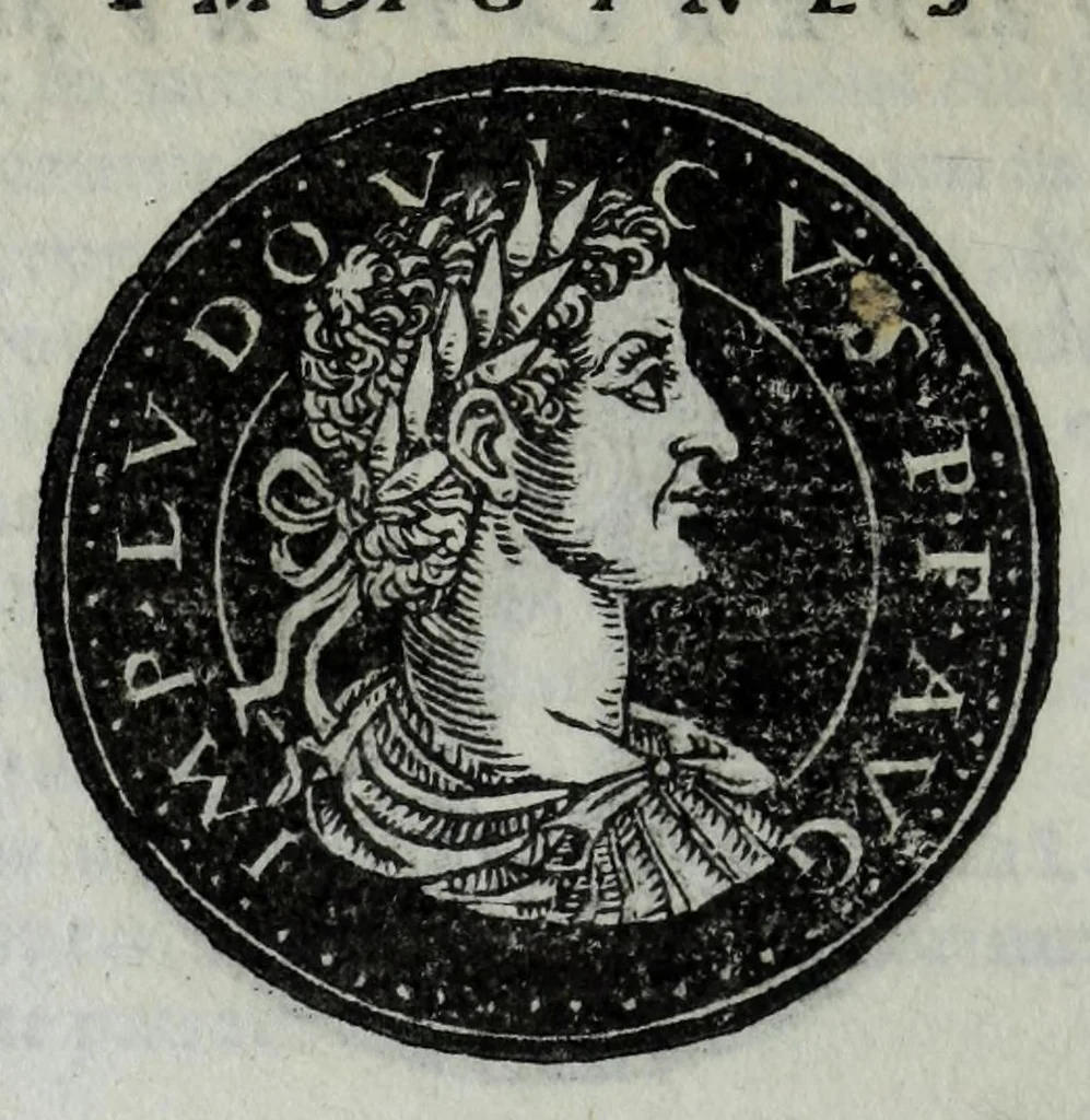 An illustration from Epitome thesavri antiqvitatvm, hoc est, Impp. Rom. orientalivm et occidentalivm iconum : ex antiquis numismatibus quam fidelissime deliniatarum, ex Musaeo Iacobi de Strada mantuani antiquarij, 1557, leaf 330