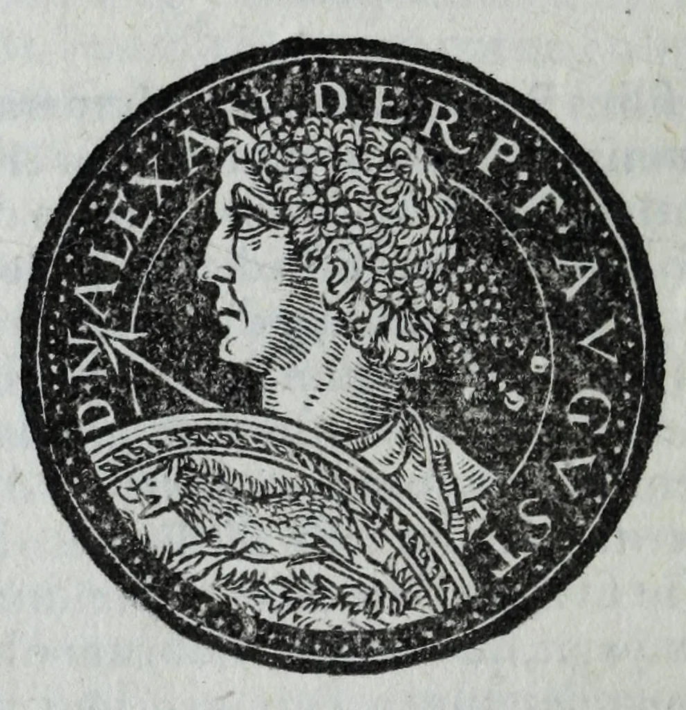 An illustration from Epitome thesavri antiqvitatvm, hoc est, Impp. Rom. orientalivm et occidentalivm iconum : ex antiquis numismatibus quam fidelissime deliniatarum, ex Musaeo Iacobi de Strada mantuani antiquarij, 1557, leaf 336