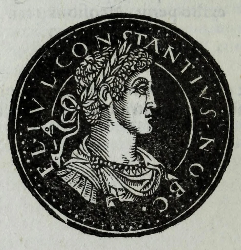 An illustration from Epitome thesavri antiqvitatvm, hoc est, Impp. Rom. orientalivm et occidentalivm iconum : ex antiquis numismatibus quam fidelissime deliniatarum, ex Musaeo Iacobi de Strada mantuani antiquarij, 1557, leaf 358