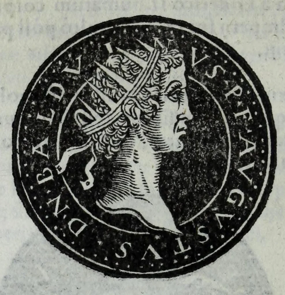 An illustration from Epitome thesavri antiqvitatvm, hoc est, Impp. Rom. orientalivm et occidentalivm iconum : ex antiquis numismatibus quam fidelissime deliniatarum, ex Musaeo Iacobi de Strada mantuani antiquarij, 1557, leaf 382