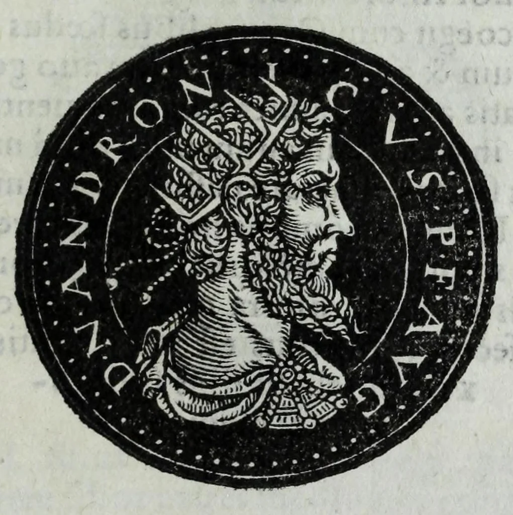 An illustration from Epitome thesavri antiqvitatvm, hoc est, Impp. Rom. orientalivm et occidentalivm iconum : ex antiquis numismatibus quam fidelissime deliniatarum, ex Musaeo Iacobi de Strada mantuani antiquarij, 1557, leaf 407