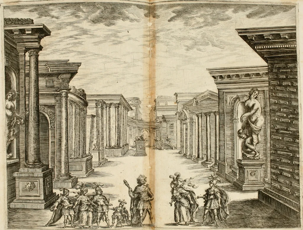 An illustration from Ercole in Tebe; festa teatrale rappresentata in Firenze per le reali nozze de' serenissimi sposi Cosimo terzo, principe di Toscana, e Margherita Lvisa, principessa d'Orleans, 1661, leaf 135