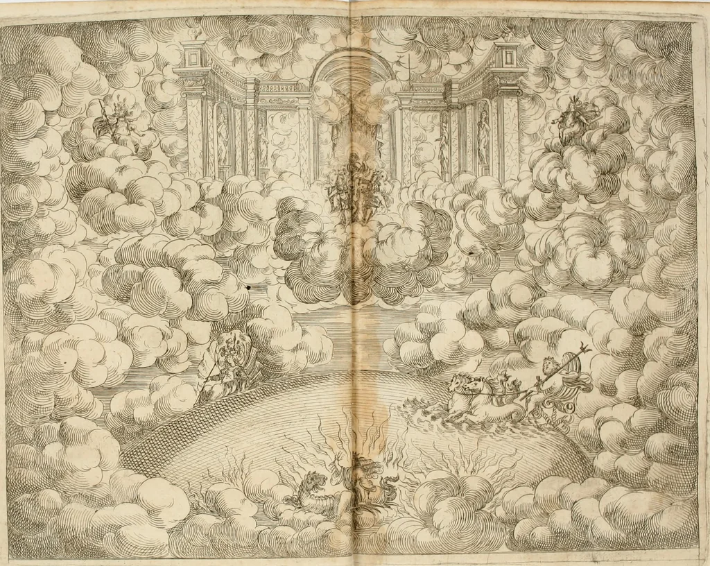 An illustration from Ercole in Tebe; festa teatrale rappresentata in Firenze per le reali nozze de' serenissimi sposi Cosimo terzo, principe di Toscana, e Margherita Lvisa, principessa d'Orleans, 1661, leaf 17