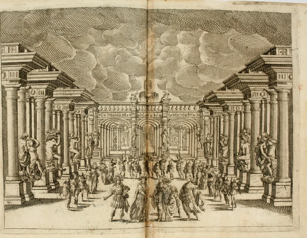 An illustration from Ercole in Tebe; festa teatrale rappresentata in Firenze per le reali nozze de' serenissimi sposi Cosimo terzo, principe di Toscana, e Margherita Lvisa, principessa d'Orleans, 1661, leaf 31