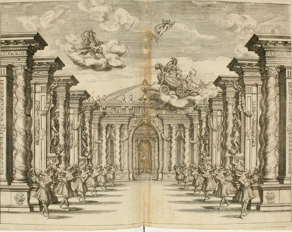 An illustration from Ercole in Tebe; festa teatrale rappresentata in Firenze per le reali nozze de' serenissimi sposi Cosimo terzo, principe di Toscana, e Margherita Lvisa, principessa d'Orleans, 1661, leaf 43