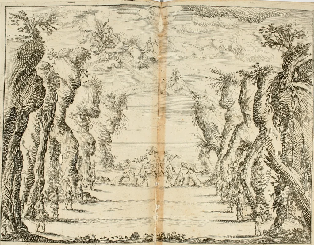 An illustration from Ercole in Tebe; festa teatrale rappresentata in Firenze per le reali nozze de' serenissimi sposi Cosimo terzo, principe di Toscana, e Margherita Lvisa, principessa d'Orleans, 1661, leaf 65