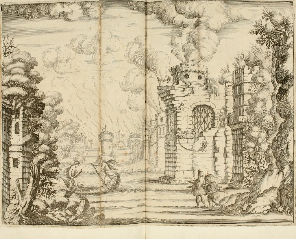 An illustration from Ercole in Tebe; festa teatrale rappresentata in Firenze per le reali nozze de' serenissimi sposi Cosimo terzo, principe di Toscana, e Margherita Lvisa, principessa d'Orleans, 1661, leaf 75