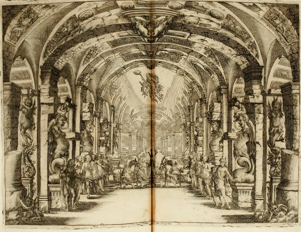 An illustration from Ercole in Tebe; festa teatrale rappresentata in Firenze per le reali nozze de' serenissimi sposi Cosimo terzo, principe di Toscana, e Margherita Lvisa, principessa d'Orleans, 1661, leaf 89