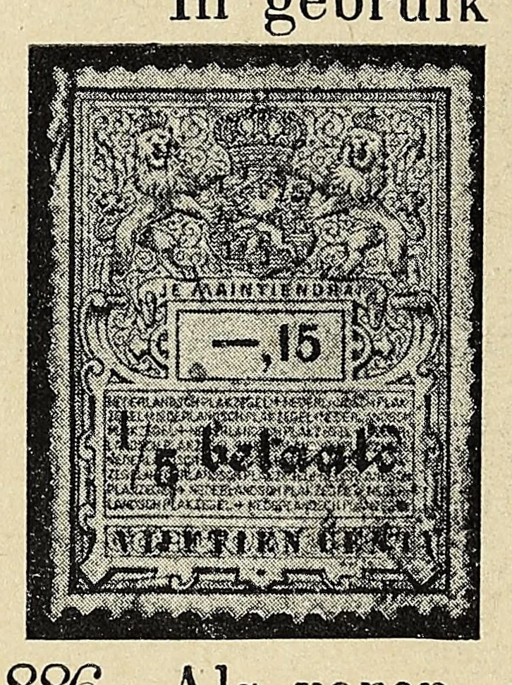An illustration from Errata en aanvullingen op het handboek over alle postzegels van Nederland en koloniën : waarin tevens is opgenomen een beschrijving der telegraafzegels, alsmede een behandeling der fiskale zegels, 1912, leaf 34
