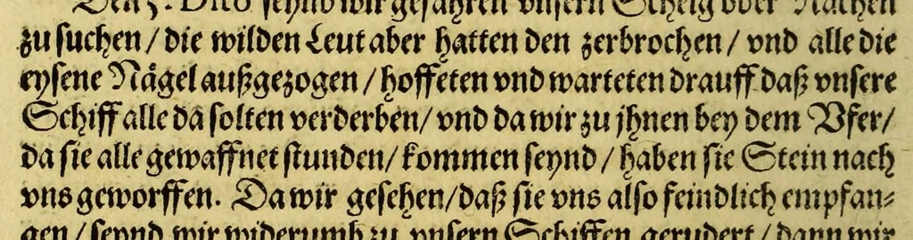 An illustration from Erste Schiffahrt[.] In die Orientalische Indien, so die hollandischen Schiff, : im Martio 1595. aussgefahren, vnd im Augusto 1597. wider kommen verricht. Darinn kürtzlich, doch warhafftiglich der gantze Succes der Reyse, erzehlet wird. Mit etlichen nöthigen Erklärung, Carten und Figuren gezieret., 1606, leaf 34