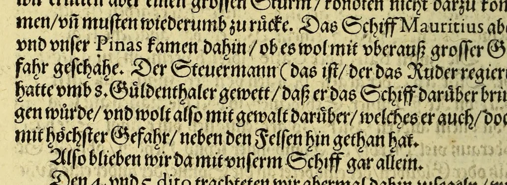 An illustration from Erste Schiffahrt[.] In die Orientalische Indien, so die hollandischen Schiff, : im Martio 1595. aussgefahren, vnd im Augusto 1597. wider kommen verricht. Darinn kürtzlich, doch warhafftiglich der gantze Succes der Reyse, erzehlet wird. Mit etlichen nöthigen Erklärung, Carten und Figuren gezieret., 1606, leaf 76