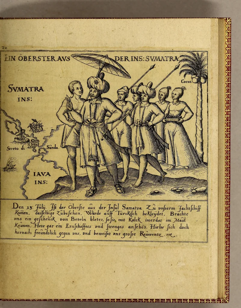 An illustration from Erste schiffart. Kurtze Warhafftige Beschreibung der newen Reyse oder Schiffart, so die hollendischen Schiff in den Orientalischen Indien, verricht: : welche anno 1595. in Martio, Alda aussgefahren, vnd erst im Augusto des verlauffenen 1597. Jahrs, wider kommen seind. Darinne der gantz Succes der Reyse, was sich täglich verlauffen vnnd zugetragen, erzehlt wird., 1599, leaf 39