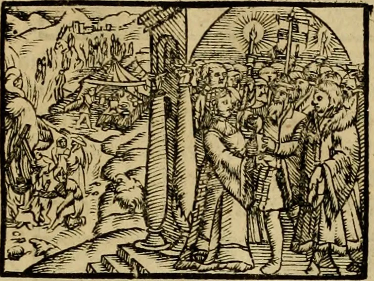 An illustration from Erste Theil der Hoffhaltung des Türckhischen Keysers vnd Othomañischen Reichs Beschreibung : darinn nicht allein der Türcken Empter ... sonder auch aller Türckischen Keysern Namen, Thaten, Krieg vnd Handel, so sie wider die Christen vnd Heyden haben verbracht, biss auff diss M.D.LXXVIII. Jar erstreckt vnd aussgeführet, auff das fleissigst verzeichnet vnd beschrieben : dessgleichen von der Türcken Aberglauben, Religion, Gottesdienst vnd Ceremonien ... : der ander Theil, wahrhaffte Beschreibung aller namhafften Geschichten, Thaten, Handlungen, Krieg ... so sich zwischen den Turcken vnd Christen vom Jar M.D.XX. biss auff das M.D.LXXVIII. Jar ... haben verloffen vnd zugetragen, 1578, leaf 106