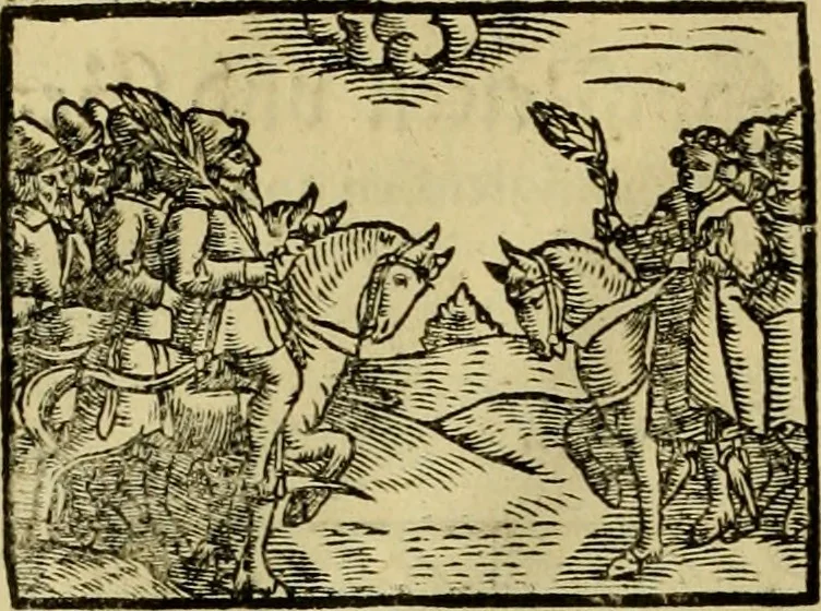An illustration from Erste Theil der Hoffhaltung des Türckhischen Keysers vnd Othomañischen Reichs Beschreibung : darinn nicht allein der Türcken Empter ... sonder auch aller Türckischen Keysern Namen, Thaten, Krieg vnd Handel, so sie wider die Christen vnd Heyden haben verbracht, biss auff diss M.D.LXXVIII. Jar erstreckt vnd aussgeführet, auff das fleissigst verzeichnet vnd beschrieben : dessgleichen von der Türcken Aberglauben, Religion, Gottesdienst vnd Ceremonien ... : der ander Theil, wahrhaffte Beschreibung aller namhafften Geschichten, Thaten, Handlungen, Krieg ... so sich zwischen den Turcken vnd Christen vom Jar M.D.XX. biss auff das M.D.LXXVIII. Jar ... haben verloffen vnd zugetragen, 1578, leaf 107