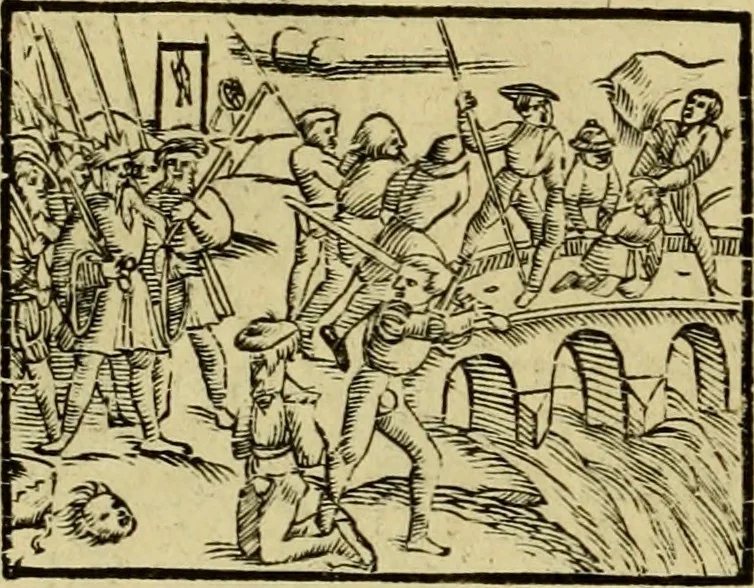 An illustration from Erste Theil der Hoffhaltung des Türckhischen Keysers vnd Othomañischen Reichs Beschreibung : darinn nicht allein der Türcken Empter ... sonder auch aller Türckischen Keysern Namen, Thaten, Krieg vnd Handel, so sie wider die Christen vnd Heyden haben verbracht, biss auff diss M.D.LXXVIII. Jar erstreckt vnd aussgeführet, auff das fleissigst verzeichnet vnd beschrieben : dessgleichen von der Türcken Aberglauben, Religion, Gottesdienst vnd Ceremonien ... : der ander Theil, wahrhaffte Beschreibung aller namhafften Geschichten, Thaten, Handlungen, Krieg ... so sich zwischen den Turcken vnd Christen vom Jar M.D.XX. biss auff das M.D.LXXVIII. Jar ... haben verloffen vnd zugetragen, 1578, leaf 117