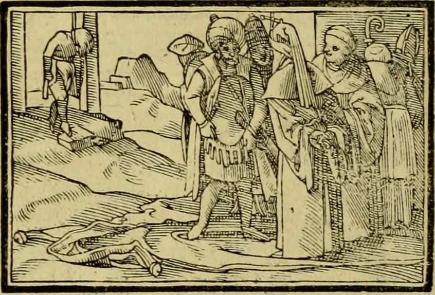 An illustration from Erste Theil der Hoffhaltung des Türckhischen Keysers vnd Othomañischen Reichs Beschreibung : darinn nicht allein der Türcken Empter ... sonder auch aller Türckischen Keysern Namen, Thaten, Krieg vnd Handel, so sie wider die Christen vnd Heyden haben verbracht, biss auff diss M.D.LXXVIII. Jar erstreckt vnd aussgeführet, auff das fleissigst verzeichnet vnd beschrieben : dessgleichen von der Türcken Aberglauben, Religion, Gottesdienst vnd Ceremonien ... : der ander Theil, wahrhaffte Beschreibung aller namhafften Geschichten, Thaten, Handlungen, Krieg ... so sich zwischen den Turcken vnd Christen vom Jar M.D.XX. biss auff das M.D.LXXVIII. Jar ... haben verloffen vnd zugetragen, 1578, leaf 117