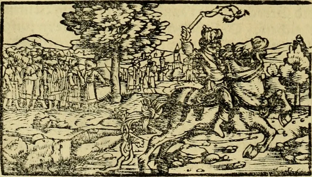 An illustration from Erste Theil der Hoffhaltung des Türckhischen Keysers vnd Othomañischen Reichs Beschreibung : darinn nicht allein der Türcken Empter ... sonder auch aller Türckischen Keysern Namen, Thaten, Krieg vnd Handel, so sie wider die Christen vnd Heyden haben verbracht, biss auff diss M.D.LXXVIII. Jar erstreckt vnd aussgeführet, auff das fleissigst verzeichnet vnd beschrieben : dessgleichen von der Türcken Aberglauben, Religion, Gottesdienst vnd Ceremonien ... : der ander Theil, wahrhaffte Beschreibung aller namhafften Geschichten, Thaten, Handlungen, Krieg ... so sich zwischen den Turcken vnd Christen vom Jar M.D.XX. biss auff das M.D.LXXVIII. Jar ... haben verloffen vnd zugetragen, 1578, leaf 117