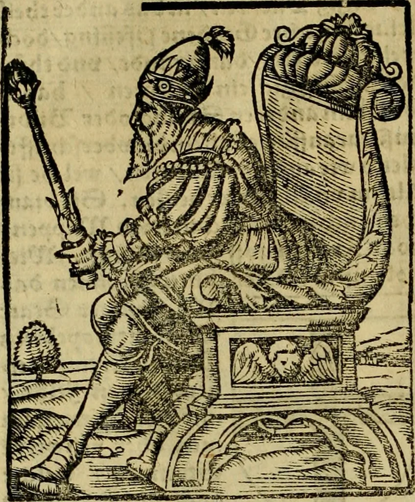 An illustration from Erste Theil der Hoffhaltung des Türckhischen Keysers vnd Othomañischen Reichs Beschreibung : darinn nicht allein der Türcken Empter ... sonder auch aller Türckischen Keysern Namen, Thaten, Krieg vnd Handel, so sie wider die Christen vnd Heyden haben verbracht, biss auff diss M.D.LXXVIII. Jar erstreckt vnd aussgeführet, auff das fleissigst verzeichnet vnd beschrieben : dessgleichen von der Türcken Aberglauben, Religion, Gottesdienst vnd Ceremonien ... : der ander Theil, wahrhaffte Beschreibung aller namhafften Geschichten, Thaten, Handlungen, Krieg ... so sich zwischen den Turcken vnd Christen vom Jar M.D.XX. biss auff das M.D.LXXVIII. Jar ... haben verloffen vnd zugetragen, 1578, leaf 15