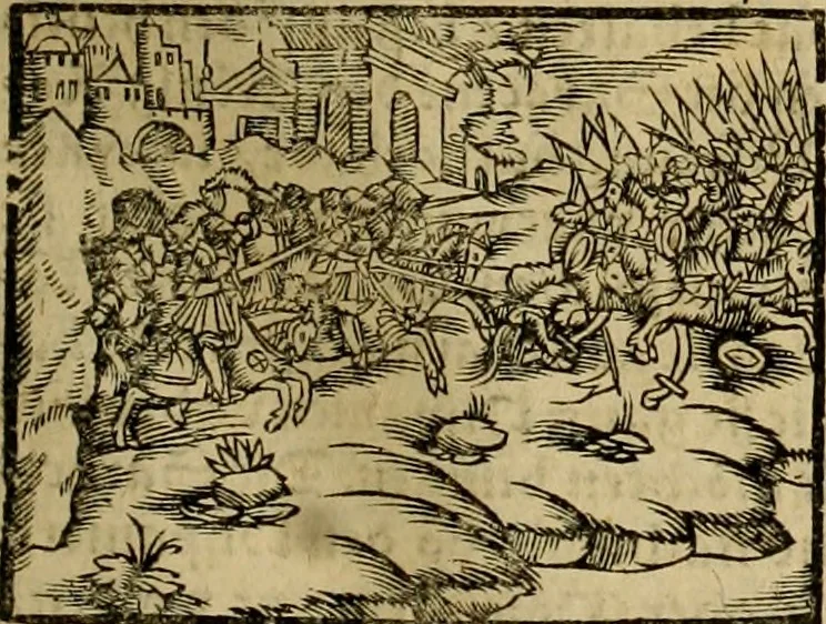 An illustration from Erste Theil der Hoffhaltung des Türckhischen Keysers vnd Othomañischen Reichs Beschreibung : darinn nicht allein der Türcken Empter ... sonder auch aller Türckischen Keysern Namen, Thaten, Krieg vnd Handel, so sie wider die Christen vnd Heyden haben verbracht, biss auff diss M.D.LXXVIII. Jar erstreckt vnd aussgeführet, auff das fleissigst verzeichnet vnd beschrieben : dessgleichen von der Türcken Aberglauben, Religion, Gottesdienst vnd Ceremonien ... : der ander Theil, wahrhaffte Beschreibung aller namhafften Geschichten, Thaten, Handlungen, Krieg ... so sich zwischen den Turcken vnd Christen vom Jar M.D.XX. biss auff das M.D.LXXVIII. Jar ... haben verloffen vnd zugetragen, 1578, leaf 184