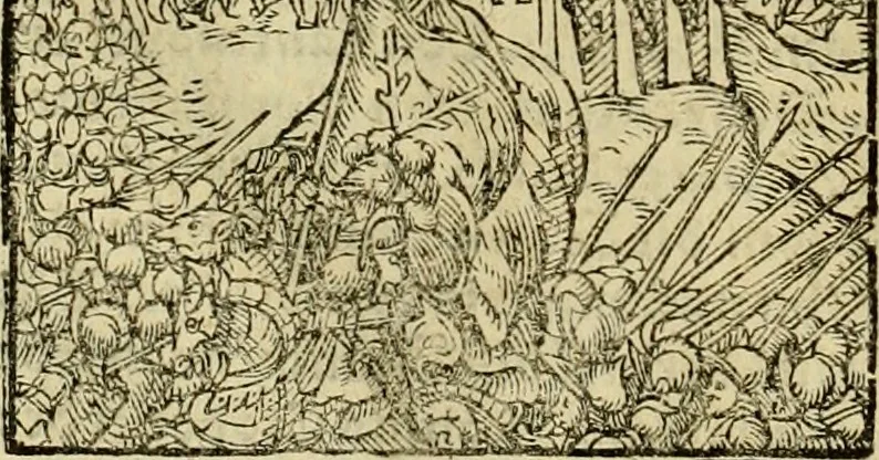 An illustration from Erste Theil der Hoffhaltung des Türckhischen Keysers vnd Othomañischen Reichs Beschreibung : darinn nicht allein der Türcken Empter ... sonder auch aller Türckischen Keysern Namen, Thaten, Krieg vnd Handel, so sie wider die Christen vnd Heyden haben verbracht, biss auff diss M.D.LXXVIII. Jar erstreckt vnd aussgeführet, auff das fleissigst verzeichnet vnd beschrieben : dessgleichen von der Türcken Aberglauben, Religion, Gottesdienst vnd Ceremonien ... : der ander Theil, wahrhaffte Beschreibung aller namhafften Geschichten, Thaten, Handlungen, Krieg ... so sich zwischen den Turcken vnd Christen vom Jar M.D.XX. biss auff das M.D.LXXVIII. Jar ... haben verloffen vnd zugetragen, 1578, leaf 185