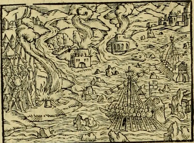 An illustration from Erste Theil der Hoffhaltung des Türckhischen Keysers vnd Othomañischen Reichs Beschreibung : darinn nicht allein der Türcken Empter ... sonder auch aller Türckischen Keysern Namen, Thaten, Krieg vnd Handel, so sie wider die Christen vnd Heyden haben verbracht, biss auff diss M.D.LXXVIII. Jar erstreckt vnd aussgeführet, auff das fleissigst verzeichnet vnd beschrieben : dessgleichen von der Türcken Aberglauben, Religion, Gottesdienst vnd Ceremonien ... : der ander Theil, wahrhaffte Beschreibung aller namhafften Geschichten, Thaten, Handlungen, Krieg ... so sich zwischen den Turcken vnd Christen vom Jar M.D.XX. biss auff das M.D.LXXVIII. Jar ... haben verloffen vnd zugetragen, 1578, leaf 187