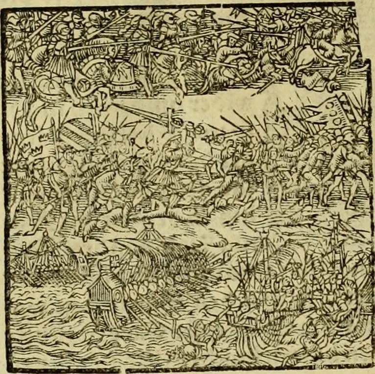 An illustration from Erste Theil der Hoffhaltung des Türckhischen Keysers vnd Othomañischen Reichs Beschreibung : darinn nicht allein der Türcken Empter ... sonder auch aller Türckischen Keysern Namen, Thaten, Krieg vnd Handel, so sie wider die Christen vnd Heyden haben verbracht, biss auff diss M.D.LXXVIII. Jar erstreckt vnd aussgeführet, auff das fleissigst verzeichnet vnd beschrieben : dessgleichen von der Türcken Aberglauben, Religion, Gottesdienst vnd Ceremonien ... : der ander Theil, wahrhaffte Beschreibung aller namhafften Geschichten, Thaten, Handlungen, Krieg ... so sich zwischen den Turcken vnd Christen vom Jar M.D.XX. biss auff das M.D.LXXVIII. Jar ... haben verloffen vnd zugetragen, 1578, leaf 187