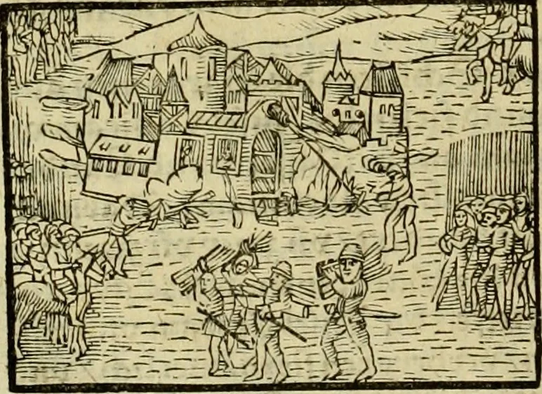 An illustration from Erste Theil der Hoffhaltung des Türckhischen Keysers vnd Othomañischen Reichs Beschreibung : darinn nicht allein der Türcken Empter ... sonder auch aller Türckischen Keysern Namen, Thaten, Krieg vnd Handel, so sie wider die Christen vnd Heyden haben verbracht, biss auff diss M.D.LXXVIII. Jar erstreckt vnd aussgeführet, auff das fleissigst verzeichnet vnd beschrieben : dessgleichen von der Türcken Aberglauben, Religion, Gottesdienst vnd Ceremonien ... : der ander Theil, wahrhaffte Beschreibung aller namhafften Geschichten, Thaten, Handlungen, Krieg ... so sich zwischen den Turcken vnd Christen vom Jar M.D.XX. biss auff das M.D.LXXVIII. Jar ... haben verloffen vnd zugetragen, 1578, leaf 187