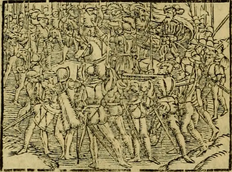 An illustration from Erste Theil der Hoffhaltung des Türckhischen Keysers vnd Othomañischen Reichs Beschreibung : darinn nicht allein der Türcken Empter ... sonder auch aller Türckischen Keysern Namen, Thaten, Krieg vnd Handel, so sie wider die Christen vnd Heyden haben verbracht, biss auff diss M.D.LXXVIII. Jar erstreckt vnd aussgeführet, auff das fleissigst verzeichnet vnd beschrieben : dessgleichen von der Türcken Aberglauben, Religion, Gottesdienst vnd Ceremonien ... : der ander Theil, wahrhaffte Beschreibung aller namhafften Geschichten, Thaten, Handlungen, Krieg ... so sich zwischen den Turcken vnd Christen vom Jar M.D.XX. biss auff das M.D.LXXVIII. Jar ... haben verloffen vnd zugetragen, 1578, leaf 189