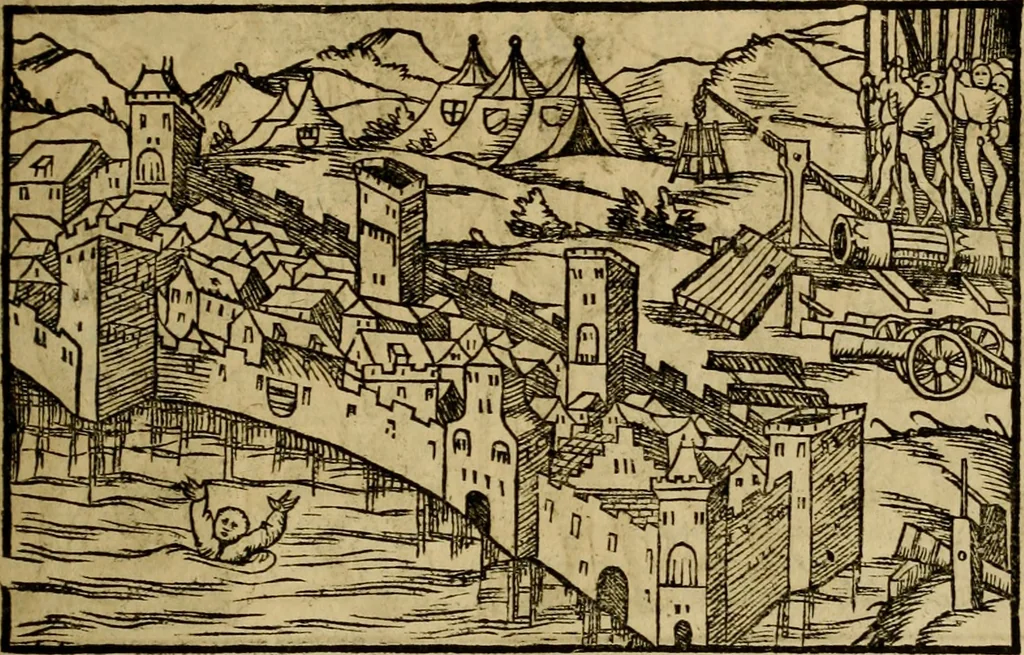 An illustration from Erste Theil der Hoffhaltung des Türckhischen Keysers vnd Othomañischen Reichs Beschreibung : darinn nicht allein der Türcken Empter ... sonder auch aller Türckischen Keysern Namen, Thaten, Krieg vnd Handel, so sie wider die Christen vnd Heyden haben verbracht, biss auff diss M.D.LXXVIII. Jar erstreckt vnd aussgeführet, auff das fleissigst verzeichnet vnd beschrieben : dessgleichen von der Türcken Aberglauben, Religion, Gottesdienst vnd Ceremonien ... : der ander Theil, wahrhaffte Beschreibung aller namhafften Geschichten, Thaten, Handlungen, Krieg ... so sich zwischen den Turcken vnd Christen vom Jar M.D.XX. biss auff das M.D.LXXVIII. Jar ... haben verloffen vnd zugetragen, 1578, leaf 190