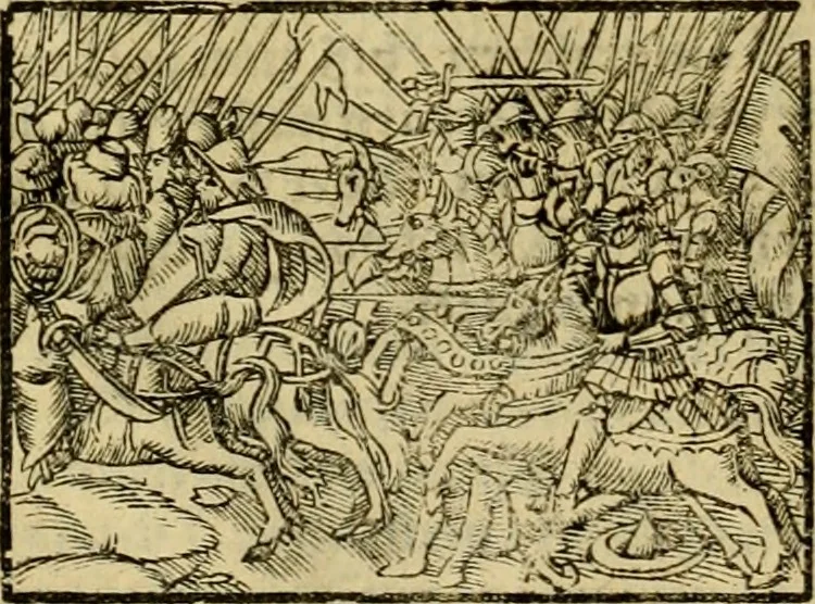 An illustration from Erste Theil der Hoffhaltung des Türckhischen Keysers vnd Othomañischen Reichs Beschreibung : darinn nicht allein der Türcken Empter ... sonder auch aller Türckischen Keysern Namen, Thaten, Krieg vnd Handel, so sie wider die Christen vnd Heyden haben verbracht, biss auff diss M.D.LXXVIII. Jar erstreckt vnd aussgeführet, auff das fleissigst verzeichnet vnd beschrieben : dessgleichen von der Türcken Aberglauben, Religion, Gottesdienst vnd Ceremonien ... : der ander Theil, wahrhaffte Beschreibung aller namhafften Geschichten, Thaten, Handlungen, Krieg ... so sich zwischen den Turcken vnd Christen vom Jar M.D.XX. biss auff das M.D.LXXVIII. Jar ... haben verloffen vnd zugetragen, 1578, leaf 193
