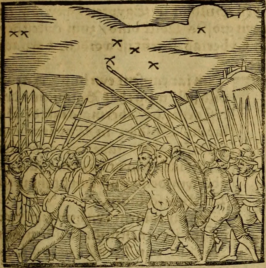An illustration from Erste Theil der Hoffhaltung des Türckhischen Keysers vnd Othomañischen Reichs Beschreibung : darinn nicht allein der Türcken Empter ... sonder auch aller Türckischen Keysern Namen, Thaten, Krieg vnd Handel, so sie wider die Christen vnd Heyden haben verbracht, biss auff diss M.D.LXXVIII. Jar erstreckt vnd aussgeführet, auff das fleissigst verzeichnet vnd beschrieben : dessgleichen von der Türcken Aberglauben, Religion, Gottesdienst vnd Ceremonien ... : der ander Theil, wahrhaffte Beschreibung aller namhafften Geschichten, Thaten, Handlungen, Krieg ... so sich zwischen den Turcken vnd Christen vom Jar M.D.XX. biss auff das M.D.LXXVIII. Jar ... haben verloffen vnd zugetragen, 1578, leaf 194