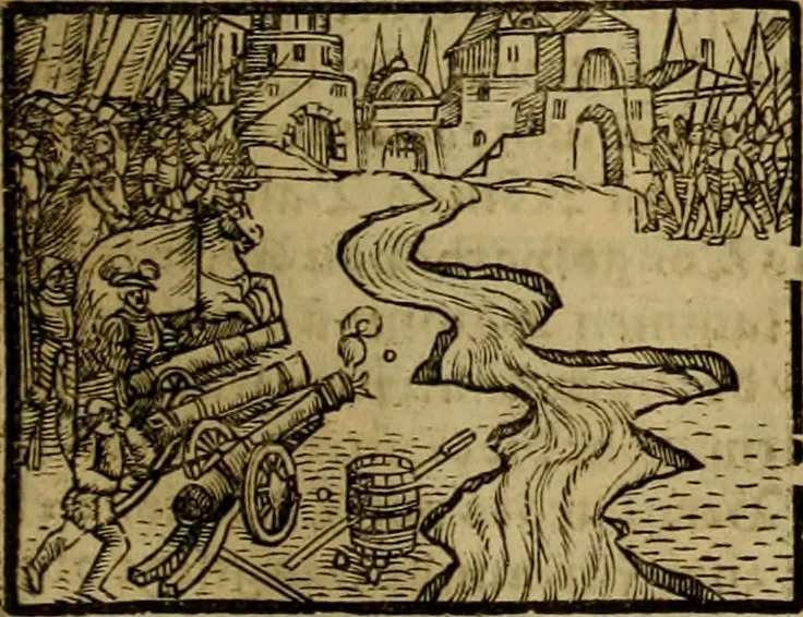 An illustration from Erste Theil der Hoffhaltung des Türckhischen Keysers vnd Othomañischen Reichs Beschreibung : darinn nicht allein der Türcken Empter ... sonder auch aller Türckischen Keysern Namen, Thaten, Krieg vnd Handel, so sie wider die Christen vnd Heyden haben verbracht, biss auff diss M.D.LXXVIII. Jar erstreckt vnd aussgeführet, auff das fleissigst verzeichnet vnd beschrieben : dessgleichen von der Türcken Aberglauben, Religion, Gottesdienst vnd Ceremonien ... : der ander Theil, wahrhaffte Beschreibung aller namhafften Geschichten, Thaten, Handlungen, Krieg ... so sich zwischen den Turcken vnd Christen vom Jar M.D.XX. biss auff das M.D.LXXVIII. Jar ... haben verloffen vnd zugetragen, 1578, leaf 194