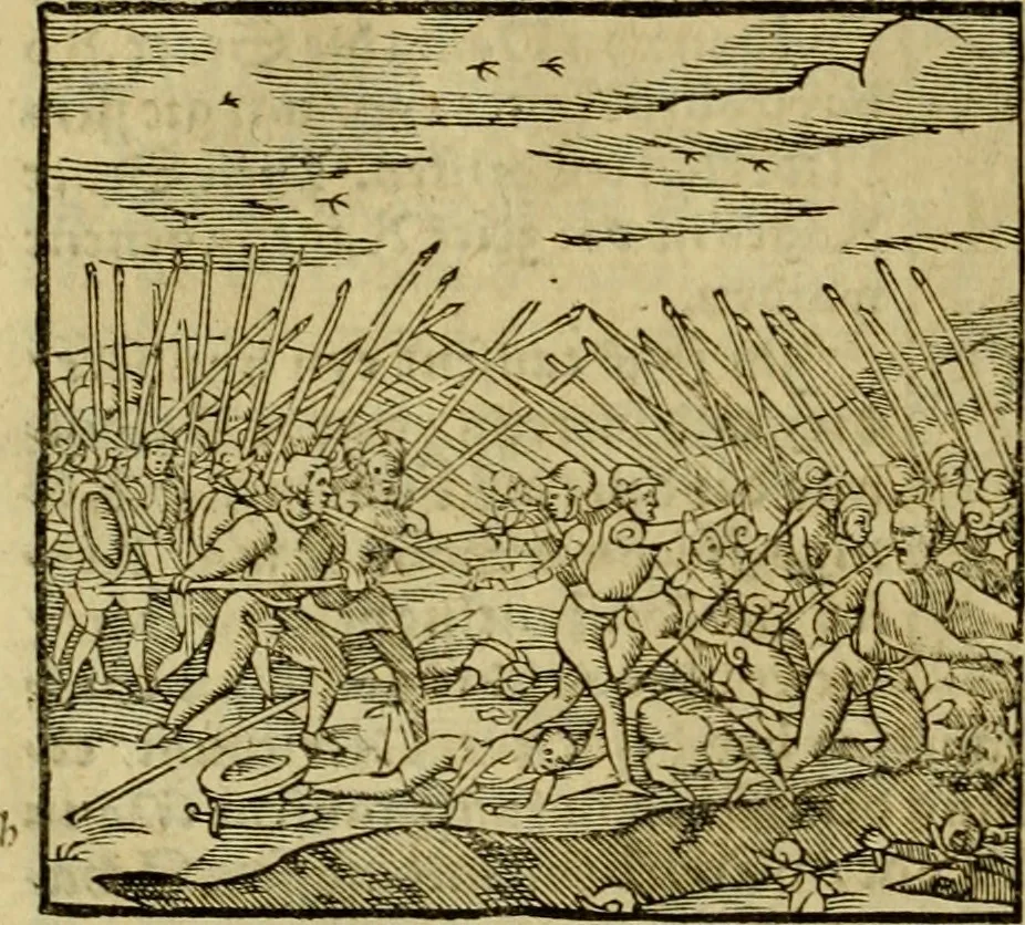 An illustration from Erste Theil der Hoffhaltung des Türckhischen Keysers vnd Othomañischen Reichs Beschreibung : darinn nicht allein der Türcken Empter ... sonder auch aller Türckischen Keysern Namen, Thaten, Krieg vnd Handel, so sie wider die Christen vnd Heyden haben verbracht, biss auff diss M.D.LXXVIII. Jar erstreckt vnd aussgeführet, auff das fleissigst verzeichnet vnd beschrieben : dessgleichen von der Türcken Aberglauben, Religion, Gottesdienst vnd Ceremonien ... : der ander Theil, wahrhaffte Beschreibung aller namhafften Geschichten, Thaten, Handlungen, Krieg ... so sich zwischen den Turcken vnd Christen vom Jar M.D.XX. biss auff das M.D.LXXVIII. Jar ... haben verloffen vnd zugetragen, 1578, leaf 195