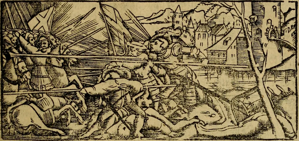 An illustration from Erste Theil der Hoffhaltung des Türckhischen Keysers vnd Othomañischen Reichs Beschreibung : darinn nicht allein der Türcken Empter ... sonder auch aller Türckischen Keysern Namen, Thaten, Krieg vnd Handel, so sie wider die Christen vnd Heyden haben verbracht, biss auff diss M.D.LXXVIII. Jar erstreckt vnd aussgeführet, auff das fleissigst verzeichnet vnd beschrieben : dessgleichen von der Türcken Aberglauben, Religion, Gottesdienst vnd Ceremonien ... : der ander Theil, wahrhaffte Beschreibung aller namhafften Geschichten, Thaten, Handlungen, Krieg ... so sich zwischen den Turcken vnd Christen vom Jar M.D.XX. biss auff das M.D.LXXVIII. Jar ... haben verloffen vnd zugetragen, 1578, leaf 196