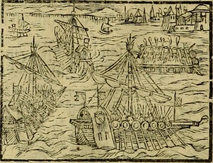 An illustration from Erste Theil der Hoffhaltung des Türckhischen Keysers vnd Othomañischen Reichs Beschreibung : darinn nicht allein der Türcken Empter ... sonder auch aller Türckischen Keysern Namen, Thaten, Krieg vnd Handel, so sie wider die Christen vnd Heyden haben verbracht, biss auff diss M.D.LXXVIII. Jar erstreckt vnd aussgeführet, auff das fleissigst verzeichnet vnd beschrieben : dessgleichen von der Türcken Aberglauben, Religion, Gottesdienst vnd Ceremonien ... : der ander Theil, wahrhaffte Beschreibung aller namhafften Geschichten, Thaten, Handlungen, Krieg ... so sich zwischen den Turcken vnd Christen vom Jar M.D.XX. biss auff das M.D.LXXVIII. Jar ... haben verloffen vnd zugetragen, 1578, leaf 197
