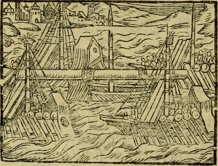 An illustration from Erste Theil der Hoffhaltung des Türckhischen Keysers vnd Othomañischen Reichs Beschreibung : darinn nicht allein der Türcken Empter ... sonder auch aller Türckischen Keysern Namen, Thaten, Krieg vnd Handel, so sie wider die Christen vnd Heyden haben verbracht, biss auff diss M.D.LXXVIII. Jar erstreckt vnd aussgeführet, auff das fleissigst verzeichnet vnd beschrieben : dessgleichen von der Türcken Aberglauben, Religion, Gottesdienst vnd Ceremonien ... : der ander Theil, wahrhaffte Beschreibung aller namhafften Geschichten, Thaten, Handlungen, Krieg ... so sich zwischen den Turcken vnd Christen vom Jar M.D.XX. biss auff das M.D.LXXVIII. Jar ... haben verloffen vnd zugetragen, 1578, leaf 197