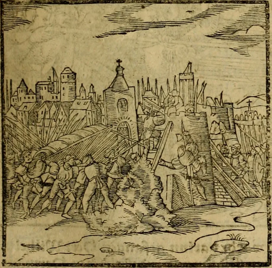 An illustration from Erste Theil der Hoffhaltung des Türckhischen Keysers vnd Othomañischen Reichs Beschreibung : darinn nicht allein der Türcken Empter ... sonder auch aller Türckischen Keysern Namen, Thaten, Krieg vnd Handel, so sie wider die Christen vnd Heyden haben verbracht, biss auff diss M.D.LXXVIII. Jar erstreckt vnd aussgeführet, auff das fleissigst verzeichnet vnd beschrieben : dessgleichen von der Türcken Aberglauben, Religion, Gottesdienst vnd Ceremonien ... : der ander Theil, wahrhaffte Beschreibung aller namhafften Geschichten, Thaten, Handlungen, Krieg ... so sich zwischen den Turcken vnd Christen vom Jar M.D.XX. biss auff das M.D.LXXVIII. Jar ... haben verloffen vnd zugetragen, 1578, leaf 198