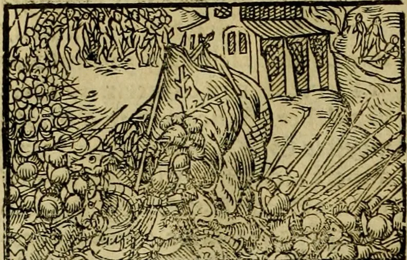 An illustration from Erste Theil der Hoffhaltung des Türckhischen Keysers vnd Othomañischen Reichs Beschreibung : darinn nicht allein der Türcken Empter ... sonder auch aller Türckischen Keysern Namen, Thaten, Krieg vnd Handel, so sie wider die Christen vnd Heyden haben verbracht, biss auff diss M.D.LXXVIII. Jar erstreckt vnd aussgeführet, auff das fleissigst verzeichnet vnd beschrieben : dessgleichen von der Türcken Aberglauben, Religion, Gottesdienst vnd Ceremonien ... : der ander Theil, wahrhaffte Beschreibung aller namhafften Geschichten, Thaten, Handlungen, Krieg ... so sich zwischen den Turcken vnd Christen vom Jar M.D.XX. biss auff das M.D.LXXVIII. Jar ... haben verloffen vnd zugetragen, 1578, leaf 199